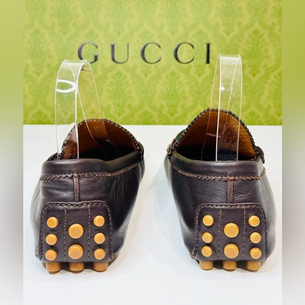 Men’s Gucci Web Accent Leather Drivers Moccasin Dark Brown Size 8.5 New no Box!